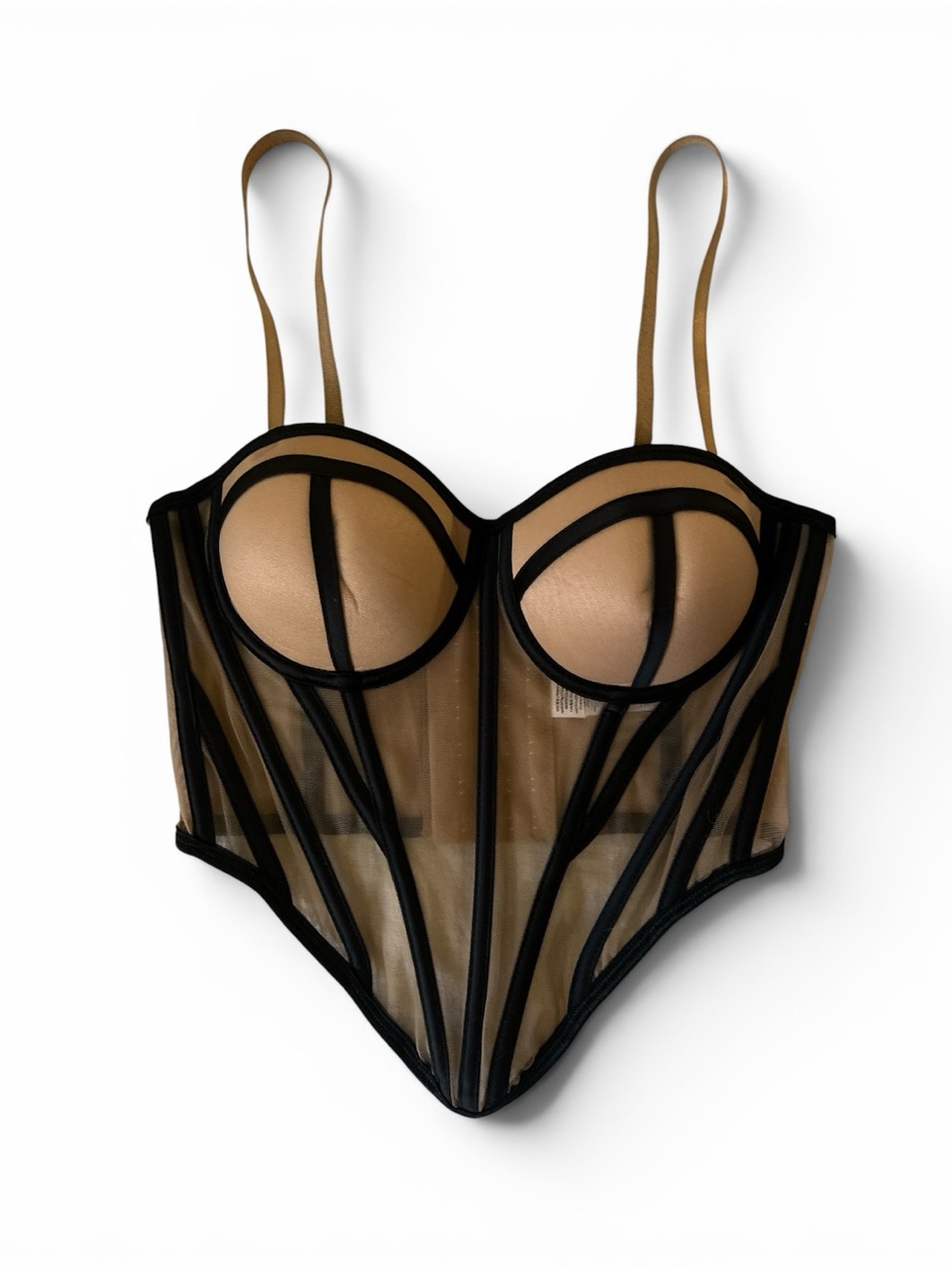 Sheer Mesh Longline Bustier Corset - Nude with Black Trim